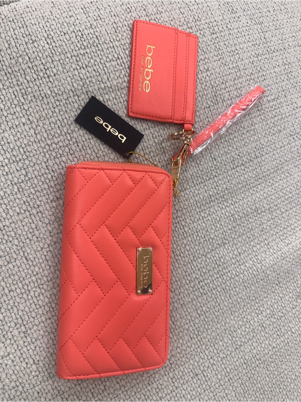 bebe Coral Quilted Wristlet Wallet and Card Case with Gold-Tone Accent